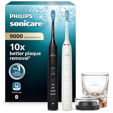 Philips Sonicare DiamondClean 9000 elektrische Zahnbürste, Schallzahnbürste mit App, Andruckkontrolle, 4 Putzmodi, 3 Intensitätsstufen, Ladeglas, Schwarz und Roségold, Zweierpack, Modell HX9914/57