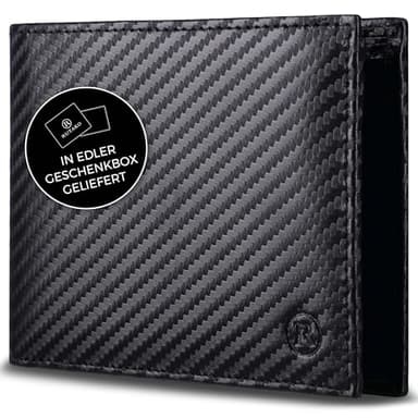 RUTAKO Leder Geldbörse Herren mit RFID Schutz - Portemonnaie Groß mit Münzfach - 12 Fächer - Geldbeutel für Männer - Brieftasche Wallet Portmonee Carbon-Schwarz