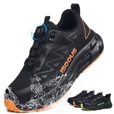 ISOOUS Sicherheitsschuhe Herren S3S Wasserdicht Arbeitsschuhe Damen ESD Leicht Drehverschluss rutschfest Bequem mit Stahlkappe Schwarz Orange 43 EU