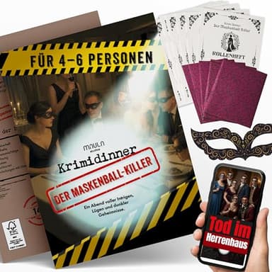 Milula Studios Krimidinner „Der Maskenball-Killer“ – Krimi Dinner Spiel für 4–6 Personen (ab 14) – Komplettset mit Rollenheften, Hinweisen, Masken & Einladungen – 1,5–2,5 Std. Spielzeit
