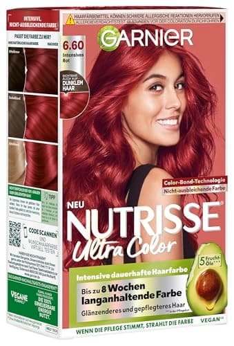 Garnier Creme Coloration, Färbung für Haare für permanente Haarfarbe mit 3 nährenden Ölen, 100% Grauabdeckung, Nutrisse, Intensiv-Rot 6.60, 1 Stück