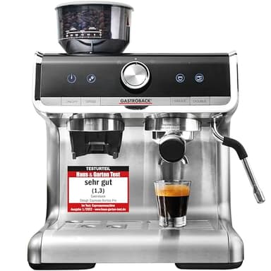 GASTROBACK Espresso Siebträgermaschine mit Mahlwerk inkl. Milchkännchen, Tamper und Edelstahl Siebträger - Barista Kaffeemaschine mit Milchschäumer - Espressomaschine mit 30 Mahlgradeinstellung