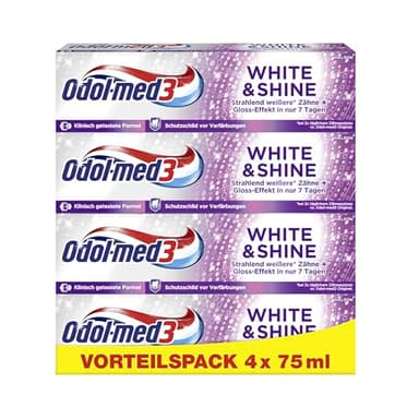 Odol-med3 Zahnpasta White and Shine, Whitening Effekt, glatte Zähne, Anti Verfärbung, Karies Schutz, Zahncreme für frischen Atem, 75 ml