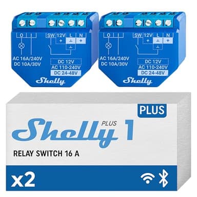 Shelly Plus 1 | Wlan & Bluetooth Smart Relais Schalter - 16A | Trockenkontakt | Lichtschalter | Hausautomation | Kompatibel mit Alexa & Google Home | iOS Android App | Kein Hub erforderlich (2 Pack)