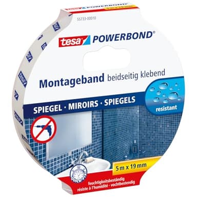 tesa Powerbond MIRROR - Doppelseitiges Montageband zur Fixierung von Spiegeln - Feuchtigkeitsbeständiges Klebeband für Bad und Dusche - 5 m x 19 mm