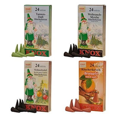Knox 078750 - Räucherkerzen-Set Klassik, 4 Packungen mit je 24 Räucherkerzen, Tanne, Weihnrauch-Myrrhe, Weihnachtsduft, Bratapfel, Weihnachten, Duftkegel