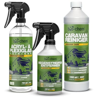 bio-chem Caravan Außen-Pflege Set 3-teilig - 1x 1000ml Caravan-Reiniger + 1x 500ml Regenstreifen-Entferner 1x 750ml Acryl- und Plexiglasreiniger - für Wohnmobil, Wohnwagen, Anhänger, Vorzelt etc.