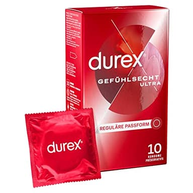 Durex Gefühlsecht Ultra Kondome – 20% dünnere Kondom-Spitze, befeuchtet, transparent, angenehmer Geruch – 10er Pack (1 x 10 Stück)