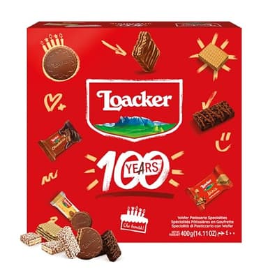 Loacker "Best of Moments" 100 Jahre Jubiläumsedition Mischung (400g) • Mix aus Mini-Waffeln & Schokoladenspezialitäten mit Haselnuss, Vanille, Kokos • Schokoladenmischung • Partybox oder zum Naschen