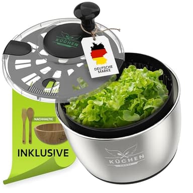 KüchenEngel Salatschleuder Edelstahl Salat waschen & trocknen 5L Volumen [inklusive Salatschüssel & Salatbesteck aus Bambus ] Schleuder mit Deckel