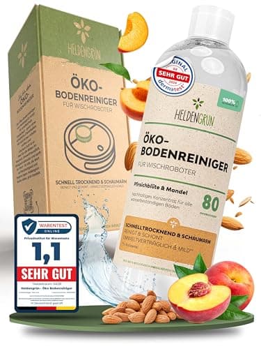Heldengrün® Öko Bodenreiniger für Wischroboter [PFIRSICHBLÜTE & MANDEL] Dermatologisch getestet - Wischroboter Reinigungsmittel - Streifenfrei, schnelltrocknend & schaumarm - Reiniger Wischroboter