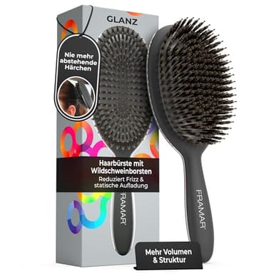 FRAMAR Wildschweinborsten Bürste Damen - Haarbürste Wildschweinborsten Damen, Naturhaarbürste Damen, Sleek Bürste Haare, Haarbürste Naturborsten, Boar Bristle Brush, Haarbürsten, Hair Brush – Schwarz