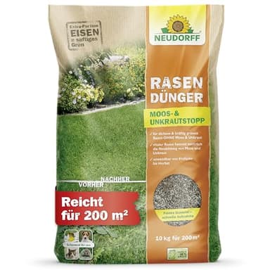 Neudorff RasenDünger Moos- & UnkrautStopp – Rasendünger mit Eisen und Kalium sorgt für einen dichten, grünen Rasen ohne Moos und Unkraut, 10 kg für 200 m²
