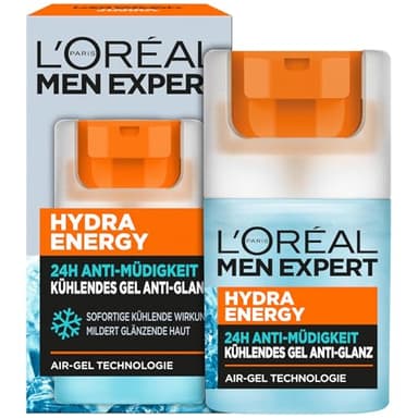 L'Oréal Men Expert kühlende Anti-Glanz Gesichtspflege für Männer, Mattierendes und erfrischendes Gel 24H Anti-Müdigkeit, Gesichtscreme für Herren mit Meeresquellwasser, Hydra Energy, 1 x 50 ml