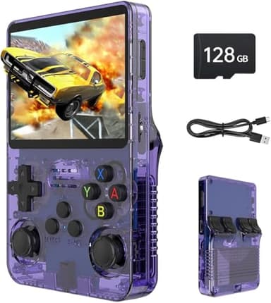 R36S Retro Spielkonsole, 3,5 Zoll IPS Bildschirm, 128GB Speicher, 40.000 Vorinstallierte Spiele, Tragbare Handheld Konsole für Kinder und Erwachsene, Multi-Emulator Unterstützung, Violett