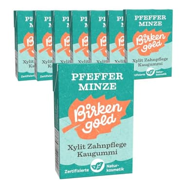 Birkengold Xylit Zahnpflege Kaugummi | Pfefferminze | plastikfrei | 8 Stk. | Natürliche Kaumasse (Chicle) | Ohne Erdöl | Zuckerfrei | Naturkosmetik zertifiziert | vegan