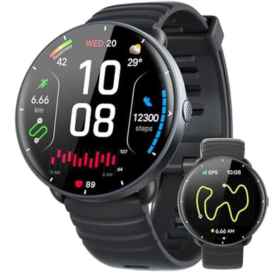 Parsonver Smartwatch Herren Damen, Eingebautes GPS, 5 ATM wasserdichte Schwimmuhr für Pool/Offenen Gewässern, Fitnessuhr mit AMOLED Display, 100+ Sportmodi, Herzfrequenz, Schlafen (Schwarz, 42 mm)