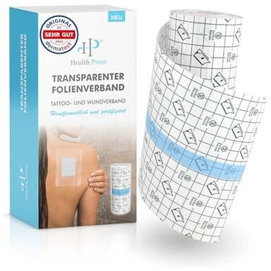 Health Press Transparenter Folienverband – Duschpflaster Rolle (15cm x 10m) – Pflaster Wasserfest – Tattoo Folie Verband - Wundpflaster groß – Transparente wasserdichte Hautschutzauflage