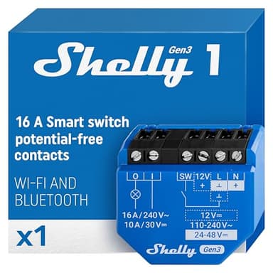 Shelly 1 Gen3 - WLAN Smart-Schalter-Relais mit Potentialfreie Kontakte, 1 Kanal, 16A, Lichtschalter, Garagentoröffner, Smart Home, Zeitschaltuhr, Alexa & Google Home, Kein Hub Erforderlich