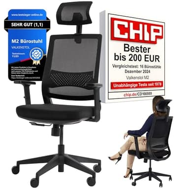 VALKENSTOL M2 Bürostuhl Ergonomisch Testsieger – Höhenverstellbarer Schreibtischstuhl bequem mit Lendenwirbelstütze, Atmungsaktiver Netzrücken, 360° Drehstuhl, Bürostühle Büro und Home Office Chair