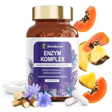 9 Verdauungsenzyme mit Bromelain, Papain, Amylase, Protease, Laktase, Lipase, Celulase, Glucoamylase, Maltase – Enzym Komplex mit Inulin für Verdauung und Immunsystem, 120 Vegane Kapseln