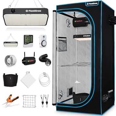 PlantiGrow Growbox Komplettset – Indoor Gewächshaus mit 150W Vollspektrum LED Lampe (Dimmbar), 1680D, Carbon-Filter, Inline-Kanalventilator, Abluftschlauch (100x100x200cm)