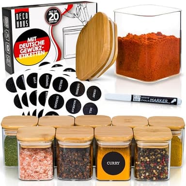 Deco haus® Gewürzgläser eckig luftdicht mit Holzdeckel 20er Set [+Etiketten] - Gewürzdosen Set Glas - Gewürzbehälter Spice Jars Set - Gewürze Aufbewahrung - Behälter für Gewürze - Gewürzaufbewahrung