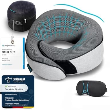 Proglobe Nackenkissen Flugzeug, Reisekissen 100% Memory Foam, Orthopädisches Nackenhörnchen, Ideal für Reisen mit Flugzeug, Auto, Zug Mit 3D-Schlafmaske, Hochwertige Netztasche, Grau