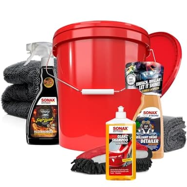 Autowäsche Set - SONAX: Autoshampoo, Felgenbeast Felgenreiniger, Brilliant Shine Detailer - Detailmate: Trockentuch, Waschhandschuh, Wascheimer mit Deckel - Autoreinigungsset Aussen