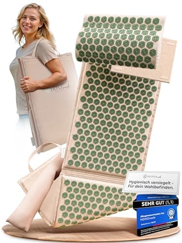 HEINZmade Akupressurmatte XL mit ergonomischem Kissen & Lendenrolle – Ganzkörper-Akupunktur Matte oder 2 Einzelmatten – Nadelmatte bei Rücken- & Nackenschmerzen – leicht mitzunehmen