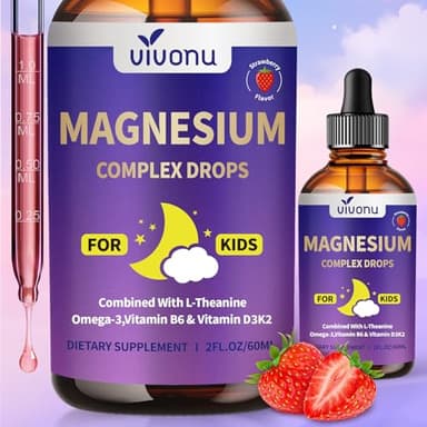 VivoNu Magnesium Tropfen Kinder – Magnesiumbisglycinat + Vitamine D3 K2 B12 B6, Omega 3 & Calcium – Erdbeere – 60 ml