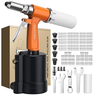 Proster Druckluft Nietzange Nietpistole Blindnietpistole mit 500PCS Nieten, mit 5 Mundstücke 2.4mm, 3.2mm, 4mm, 4.8mm und 6.4mm, DIY Werkzeugsatz für Heimwerker & Industrie