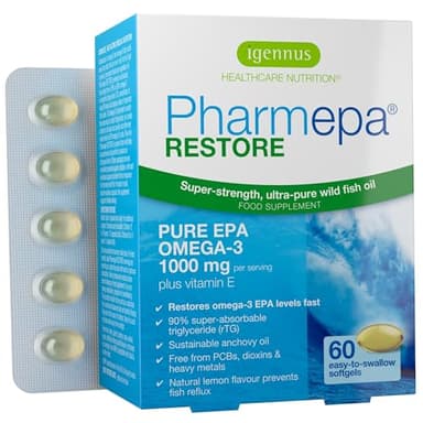 Igennus Pharmepa Restore, 1000mg reines EPA, Omega-3 rTG Fischöl, IFOS-zertifiziert, 60 Weichkapseln, hohe Aufnahme, 90%-ige Konzentration, dreifache Stärke, aus nachhaltigem Wildfang, Zitrusgeschmack