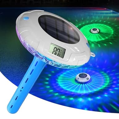 Solar Digital Pool Licht mit Dual LCD Bildschirmen, Leicht ablesbares Schwimmendes Poolthermometer mit 6 dynamischen Lichteffekten, IPX7 Wasserdicht Digital Thermometer (Marineblau)