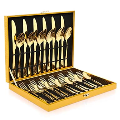 OGORI Besteck Set 6 Personen, 30 teilig Spiegelpolierte Gold Besteckset 18/10 Edelstahl Essbesteck Set mit Messer Gabel Löffel für Home/Party/Restaurant (Geschenkbox)