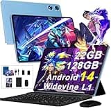 【2025 Newest】 Tablet Android 14 Tablet 10+ Zoll mit Octa-Core 2.0 GHz, 22GB RAM + 128GB ROM TF 1TB, 5G WiFi, Bluetooth 5.0, 8000mAh, Widevine L1, 5MP + 8MP,FHD, GPS, Tablet mit Tastatur und Maus, Blue