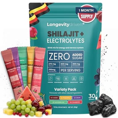 Deutsches Produkt - Elektrolytpulver Shilajit Original1620mg für Männer & Frauen - Vitalitäts - & Langlebigkeitsgetränk mit Shilajit Original Himalaya, 5 Geschmacksrichtungen - 30 Portionen Triphala