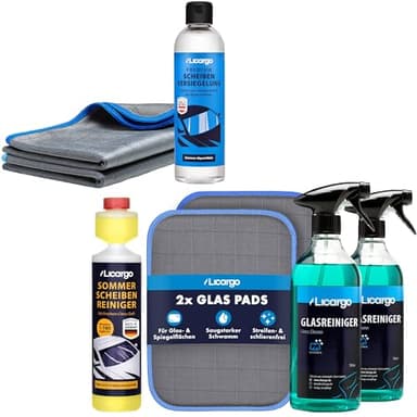 LICARGO Scheiben Set Pro Pads - 2X Glasreiniger Auto (750ml) - 1x Scheibenversiegelung Auto (250ml) - Scheibenreiniger Konzentrat 1:100 (250 ml) - 2X Glas & Scheiben Pads & Carbontücher