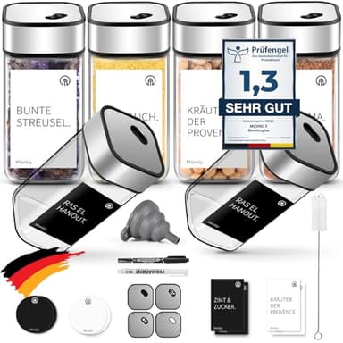 Miorkly 6 Gewürzgläser Eckig mit Drehdeckel,120ML Gewürzdosen mit Streueinsatz,Gewürzstreuer mit Dichtung - Starke Versiegelung,Edelstahl-Glas Gewürz Organizer inklusive Trichter, Etikett und Stift