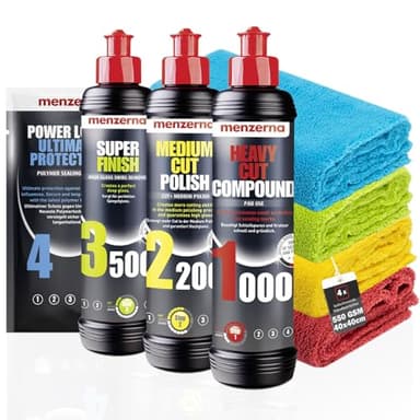 Menzerna Auto Polituren Set: Menzerna Heavy Cut Compound 1000 + Medium Cut Compound 2200 + Super Finish 3500 + Power Lock Ultra Protection Sachet + 4x Mikrofasertuch 40x40cm