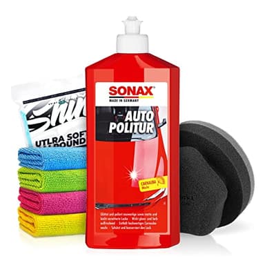 Politurset: SONAX Autopolitur (250ml) Auto Politur Handpolitur Set + Applikator + Mikrofasertücher | mühelos und schnell zum perfekten Polierergebnis | 6-teilig