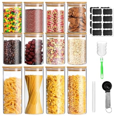 BJNN Vorratsgläser mit Deckel,Vorratsdosen Glas mit Deckel 12er Set Vorratsglas mit Deckel Luftdicht - in 2 Größen:950ml und 550ml Stapelbare Aufbewahrungsgläser für Küche Spaghettil Pasta Müs