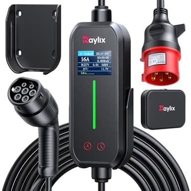 Raylix 2025 Neu 11kW Mobile Wallbox Typ 2 Ladekabel (7m 6A-16A 3-Phasig) mit Stromzähler & Einstellbarem Strom & Verzögertem Laden, Ladekabel CEE 16A auf Typ 2 und Ladestation Ladeziegel EV Charger