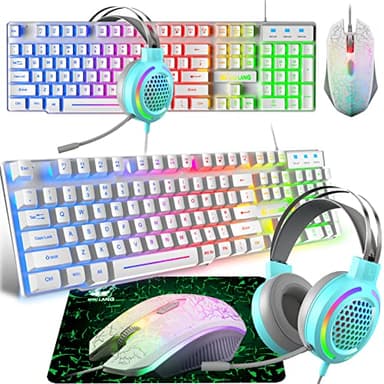 Gaming Tastatur Headset & Maus Set, 104 Tasten Rainbow Backlit UK Layout Tastatur 2400DPI Maus 7.1 Surround Sound RGB Leichte Waben Headset Mauspad Kombination für PS4 Xbox(Need Adapter) Weiß