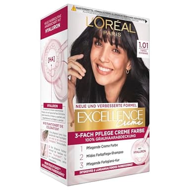 L'Oréal Paris Permanente Haarfarbe, 100% Grauhaarabdeckung, Haarfärbeset mit Coloration, Shampoo und 3-Fach Pflege Creme Farbe, Excellence Creme, Nr. 1.01 Tiefes Schwarz, 1 x 268 g