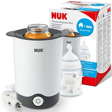 NUK Thermo Express Plus Flaschenwärmer, tragbar|schonendes Erwärmen von flüssiger und breiförmiger Nahrung in 90 Sekunden|automatische Abschaltung|Korb zum Herausnehmen|EU-Stecker &12-V-Reiseadapter