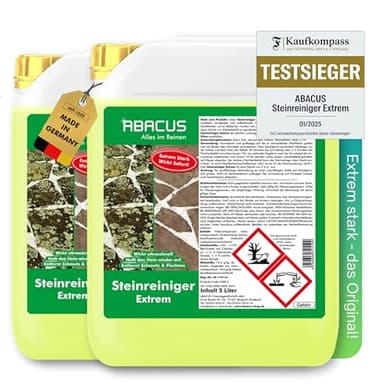 ABACUS® Steinreiniger Extrem, intensiver Steinreiniger für außen mit Sofortwirkung, entfernt sofort Schmutz, Grünbelag, Flechten & Algen in Minuten, Steinreiniger Intensiv außen 10 Liter