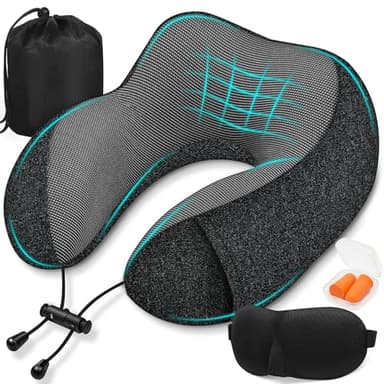 SOMLAW Nackenkissen Flugzeug - Reisekissen 100% Memory Foam - Tragbares Flugkissen - mit 3D-Schlafmaske und Ohrstöpsel - Ideal für Flugzeugstuhl, Auto, Zuhause, Büro, Schlafkissen