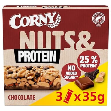 Corny Nuts & Protein Chocolate | Nussriegel & Proteinriegel ohne Zuckerzusatz | Mit 38% Nüssen & 25% Eiweiß | 3 x 35 g