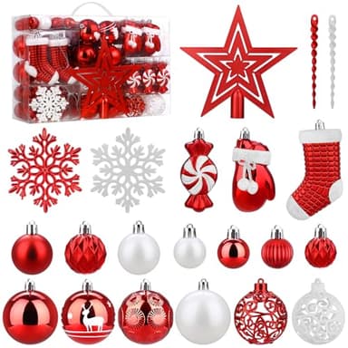 SOLEDI® 128er Set Premium Weihnachtskugeln Kunststoff Rot Weiß mit Baumspitze Stern - Robuste und Sichere Christbaumschmuck Set mit Aufhängen - Christbaumkugeln Bunt, Mehrweg Weihnachtsdeko